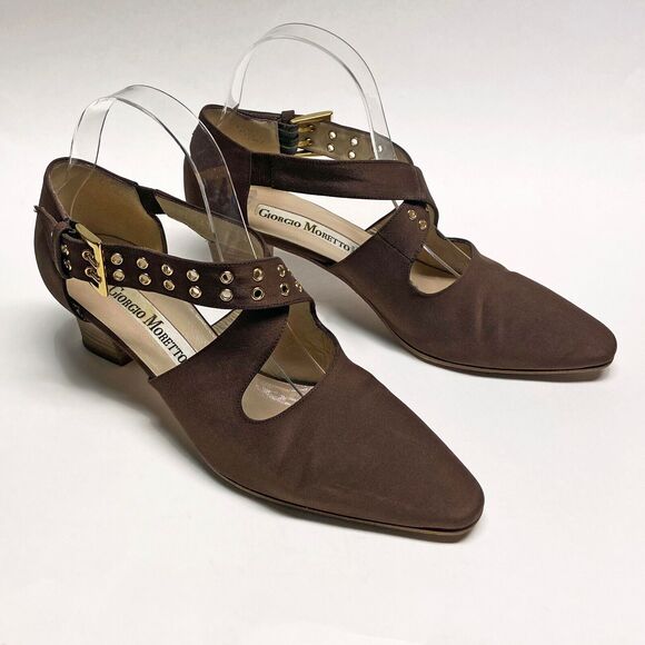 Vintage Giorgio Moretto Brown D'Orsay Cross Strap Heels EU 38 US 7.5 Pointed Toe - Picture 1 of 9